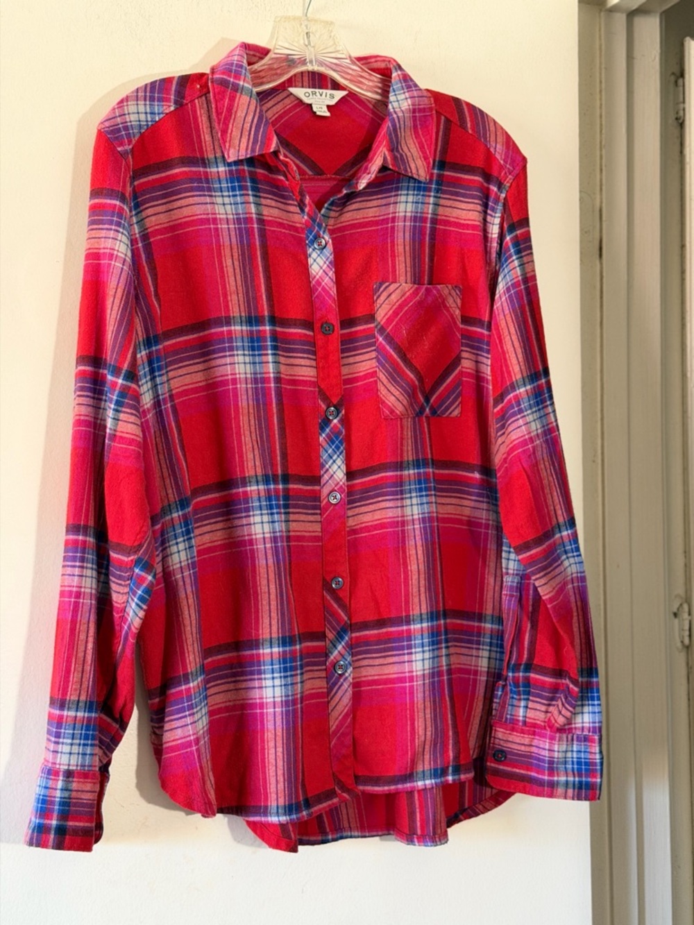 Orvis Shirt Pink Plaid Button Down Flannel Long Sleeve Cotton Top Size Large